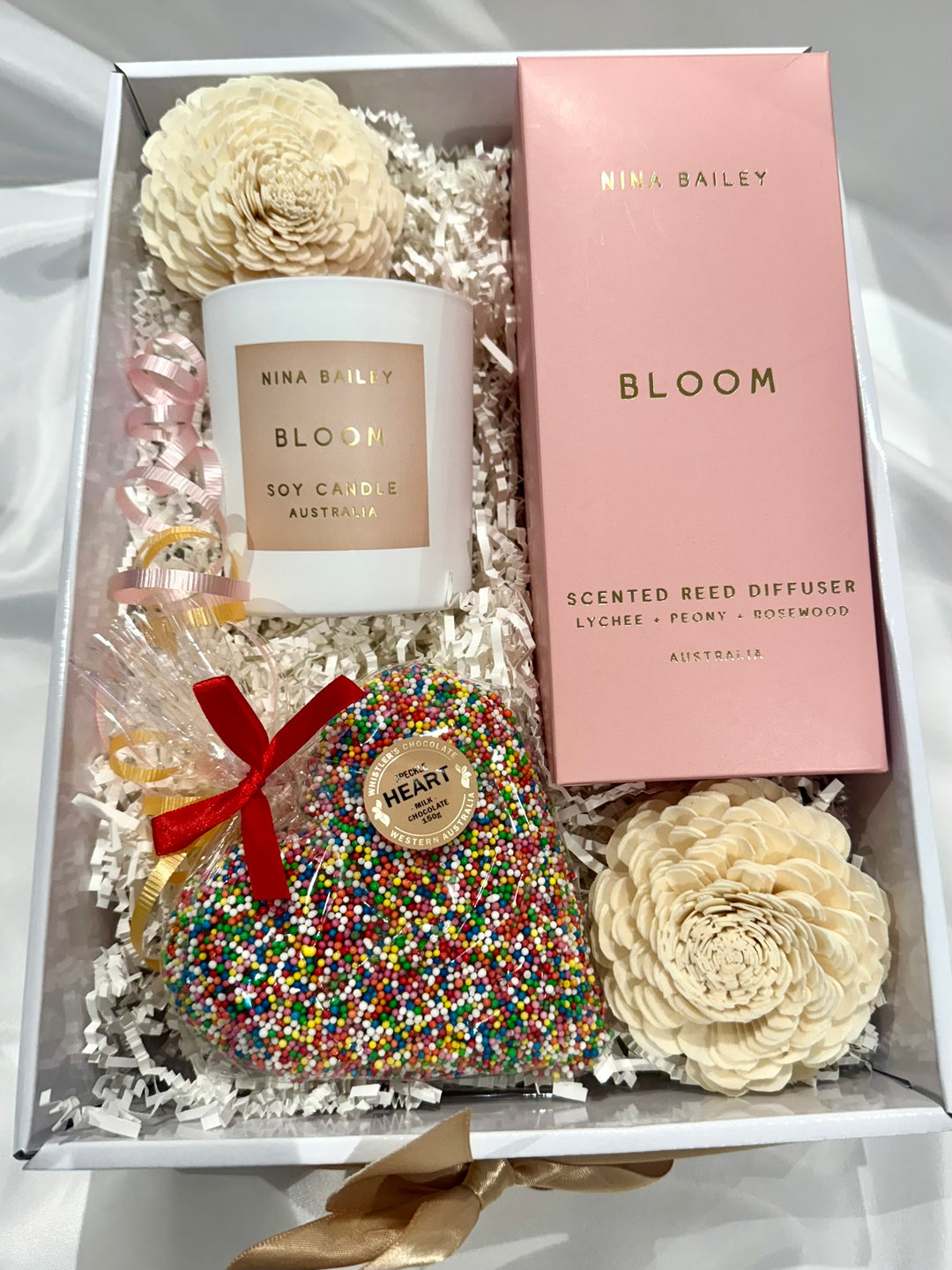 Nina Bailey Bloom Candle, Reed Diffuser &amp; Chocolate heart sweet Gift box