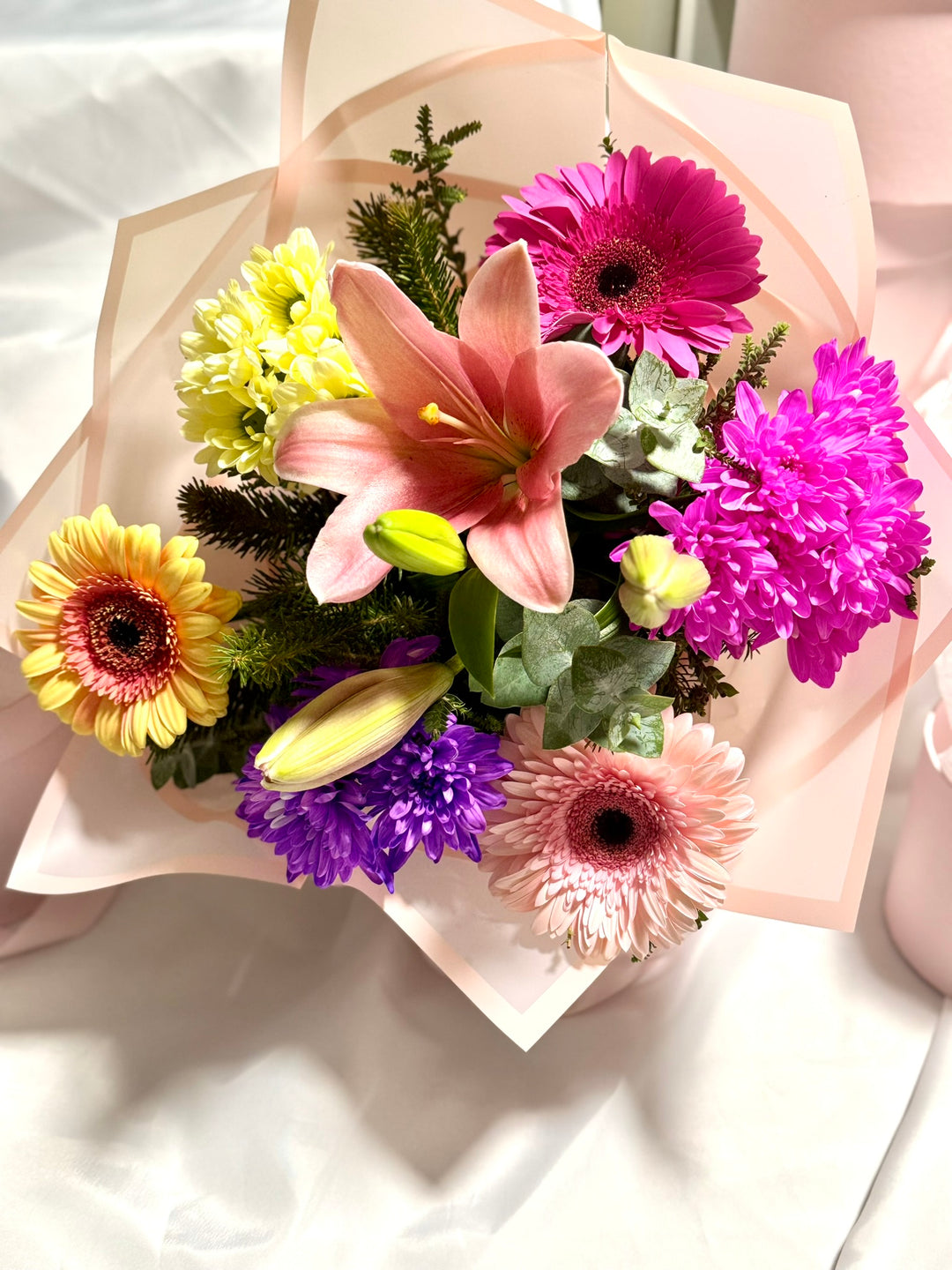 Basket with Sparkling Wine, Chocolates &amp; Flowers