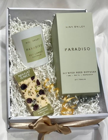 Nina Bailey Paradiso, Lime Basil Mandarin Soy Candle, Diffuser &amp; sweet treat Gift box