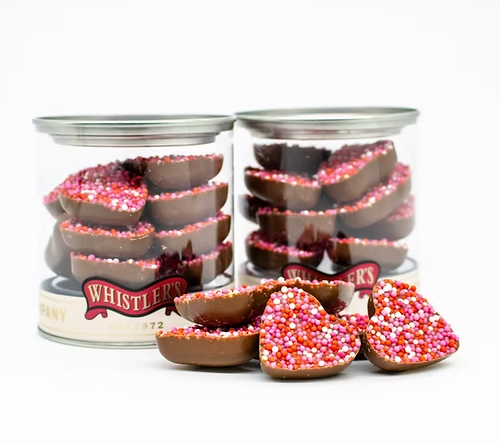 Milk Chocolate Pink Speckle Hearts in Embossed Jar