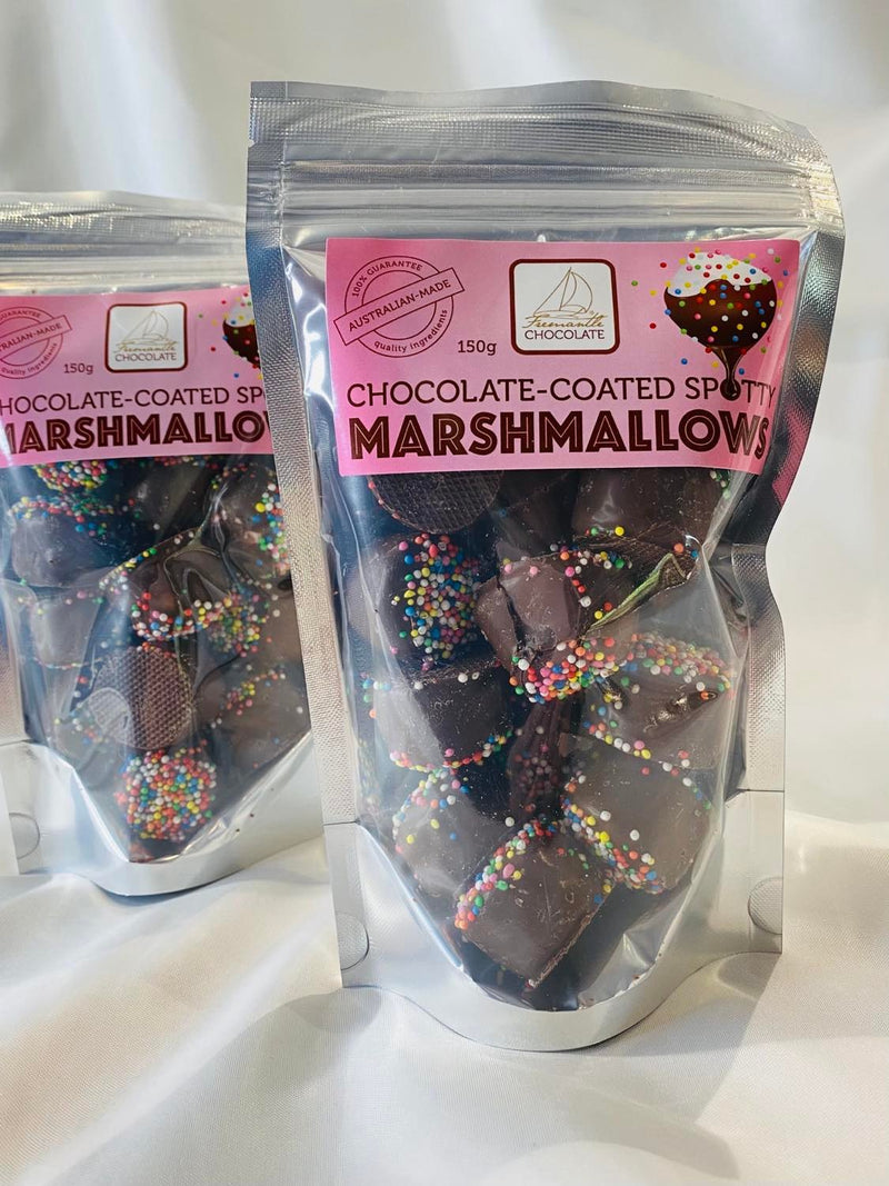 Chocolate coated spotty marshmallows